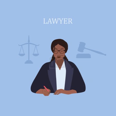 Ilustración de Profesión de abogado. Juez. Abogada profesional negra. Estilo plano. Ilustración vectorial - Imagen libre de derechos