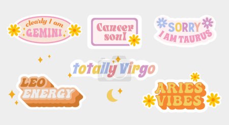 Zodiac signs. Gemini, Cancer, Taurus, Leo Virgo Aries Funny stickers Vector illustration