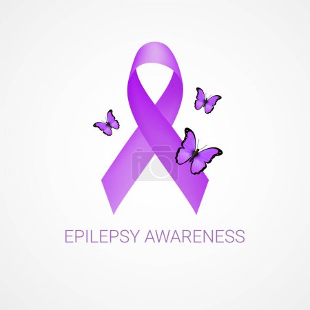 Illustration for Epilepsy awareness. Purple ribbon and butterflies. Vector illustration - Royalty Free Image