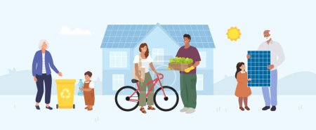 Grandfather and a girl installing solar panel. Dad grows own salad and mom uses a bicycle. . Vector illustration