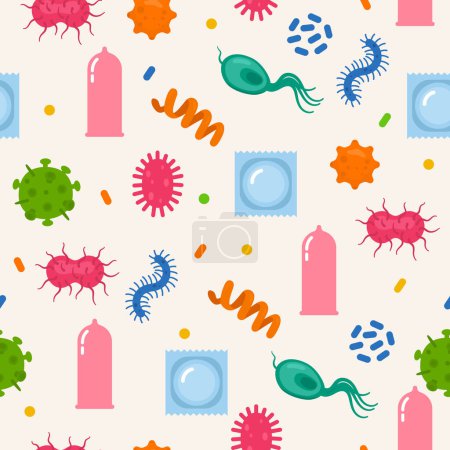 Sexually transmitted infections. Seamless pattern. Bacteria and visrus. Safe sex, condom. Vector