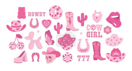 Téléchargez les illustrations : Ensemble d'icônes rose cow-boy et cow-girl. Chapeau de cow-boy, boule disco, bottes, chanceux, cactus. Noyau rose de l'an 2000. Vecteur - en licence libre de droit