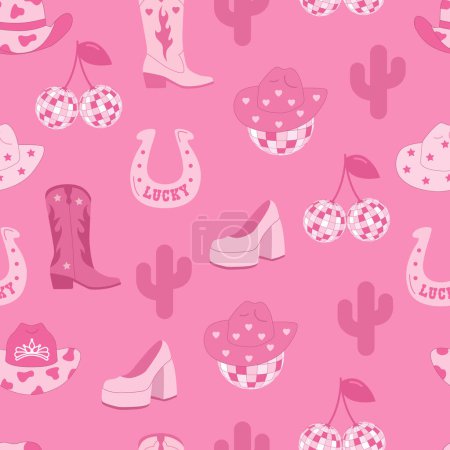 Cowboy party. Disco ball and shoes. Lucky. Seamless pattern. Y2K pink core. Vector. Vector illustration
