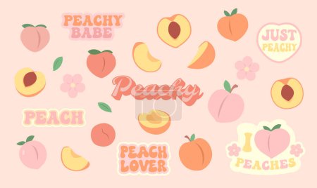 Peaches set. Cute peach fruit. Simple flat doodle. Vector illustration