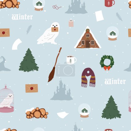 Magic owl. Cute cartoon seamless pattern. Winter Christmas season. Fairy tale and magic. Vector illustration