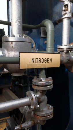 Photo for Nitrogen sign located on the LNG bunkering station on the LNG-powered container vessel. Dua fuel engine on the ship. - Royalty Free Image