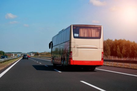 Passenger bus on a motorway. Bus with a passenger on a highway in the right lane. Shuttle bus in the airport.