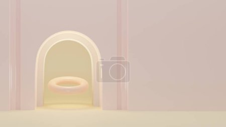 Photo for Glamorous mock-up. Soft pink and light yellow colour 3D render. Mock-up of the stand podium for product design and presentation. Mock-up with doughnut ring shape inside of double arc. Abstract donut. - Royalty Free Image