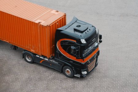 A Supply Chain Intermodal Freight Cargo Semitrailer Truck In Mot