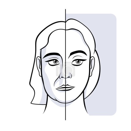 Illustration for Woman face sagging jowls before and after depuff lift face yoga vector illustration - Royalty Free Image