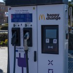 Tarragona, Spain - February 02 2023: Charging station for electric cars in the parking lot of McDonalds.