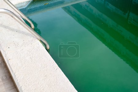 Swimming pool with dirty green water close-up.