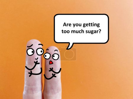 Photo for Two fingers are decorated as two person. They are talking about health problem. One of them is asking another if he is getting too much sugar. - Royalty Free Image