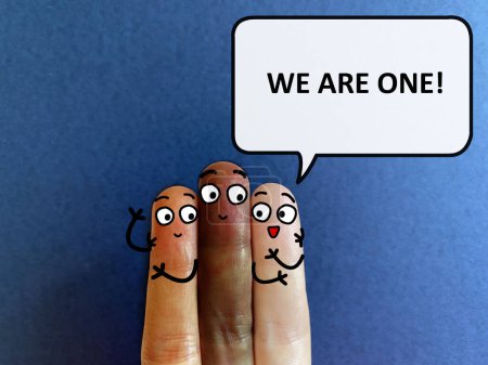 Photo for Three fingers are decorated as three person. They have different skin color. They are united. - Royalty Free Image