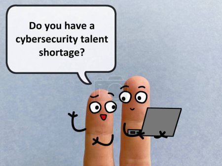 Photo for Two fingers are decorated as two person. They are discussing about cybersecurity. One of them is asking another if he has cybersecurity talent shortage. - Royalty Free Image