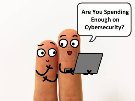 Photo for Two fingers are decorated as twoperson. They are discussing about cybersecurity. One of them is asking another if he is spending enough on cybersecurity. - Royalty Free Image