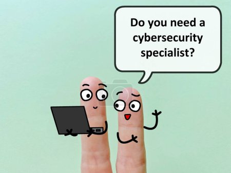 Photo for Two fingers are decorated as twoperson. They are discussing about cybersecurity. One of them is asking another if he needs a cybersecurity specialist. - Royalty Free Image