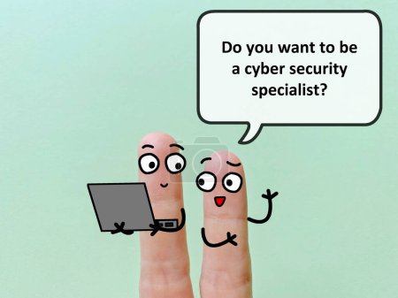 Photo for Two fingers are decorated as twoperson. They are discussing about cybersecurity. One of them is asking another if he wants to be a cyber security specialist. - Royalty Free Image