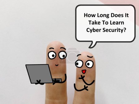 Photo for Two fingers are decorated as twoperson. They are discussing about cybersecurity. One of them is asking another how long does it take to learn cyber security. - Royalty Free Image