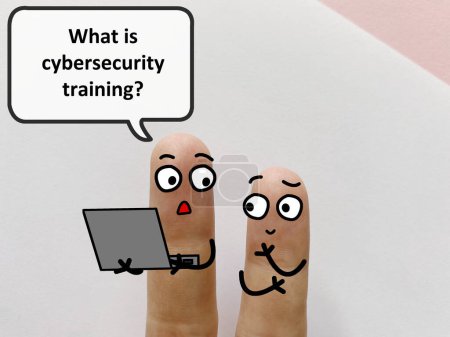Photo for Two fingers are decorated as twoperson. They are discussing about cybersecurity. One of them is asking another what is cybersecurity training. - Royalty Free Image