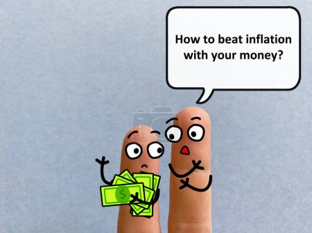 Zwei Finger sind als zwei Personen dekoriert, die über Inflation und Wirtschaft diskutieren. Einer von ihnen fragt, wie man die Inflation mit seinem Geld besiegen kann.