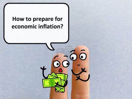 Zwei Finger sind als zwei Personen dekoriert, die über Inflation und Wirtschaft diskutieren. Der eine fragt den anderen, wie man sich auf die wirtschaftliche Inflation vorbereiten soll