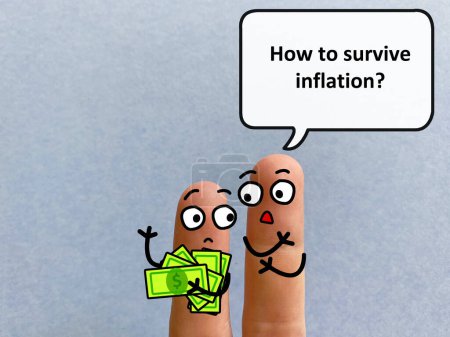 Zwei Finger sind als zwei Personen dekoriert, die über Inflation und Wirtschaft diskutieren. Einer von ihnen fragt, wie man die Inflation überlebt.