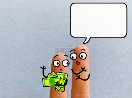 Zwei Finger sind als zwei Personen dekoriert, die über Inflation und Wirtschaft diskutieren. Einer stellt die Frage nach dem Geld.