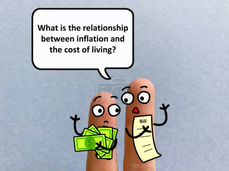 Zwei Finger sind als zwei Personen dekoriert, die über Inflation und Wirtschaft diskutieren. Einer von ihnen fragt nach dem Verhältnis zwischen Inflation und Lebenshaltungskosten..
