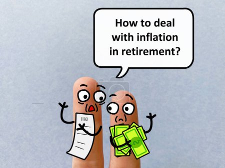 Zwei Finger sind als zwei Personen dekoriert, die über Inflation und Wirtschaft diskutieren. Einer fragt einen anderen, wie er mit der Inflation im Ruhestand umgehen soll.