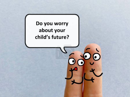 Téléchargez les photos : Two fingers are decorated as two person. One of them is asking another if he is worried about his child's future. - en image libre de droit