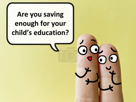 Téléchargez les photos : Two fingers are decorated as two person. One of them is asking another if he is saving enough for his child's education. - en image libre de droit
