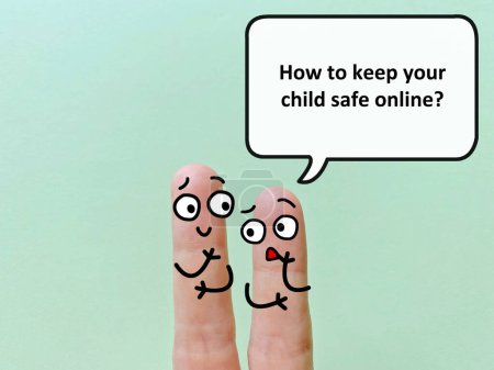 Téléchargez les photos : Two fingers are decorated as two person. One of them is asking another how to keep his child safe online. - en image libre de droit