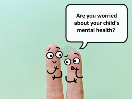 Téléchargez les photos : Two fingers are decorated as two person. One of them is asking another if he is worried about his child's mental health. - en image libre de droit