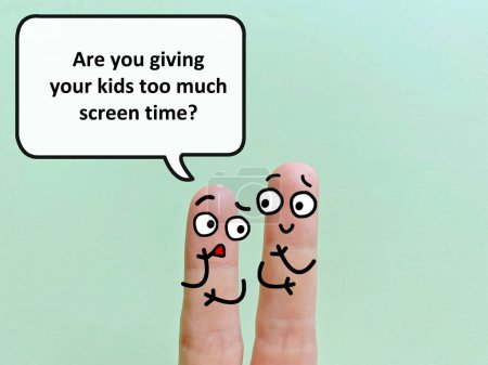 Téléchargez les photos : Two fingers are decorated as two person. One of them is asking another if he is giving his kids too much screen time. - en image libre de droit