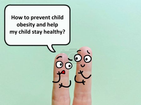 Téléchargez les photos : Two fingers are decorated as two person. One of them is asking another how to prevent child obesity and help his child stay healthy. - en image libre de droit
