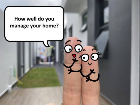 Téléchargez les photos : Two fingers are decorated as two person standing outside a new house. One of them is asking another how well does she manage his home. - en image libre de droit