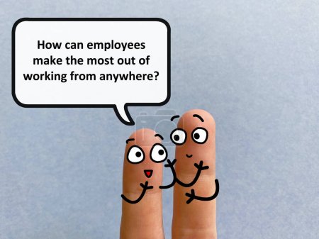 Foto de Two fingers are decorated as two person. One of them is asking another how can employees make the most out of working from anywhere. - Imagen libre de derechos
