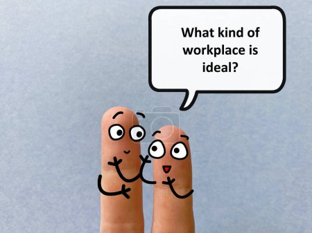 Foto de Two fingers are decorated as two person. One of them is asking another what is an ideal workplace. - Imagen libre de derechos