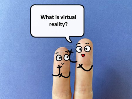 Foto de Three fingers are decorated as three person. One of them is asking another what is virtual reality - Imagen libre de derechos