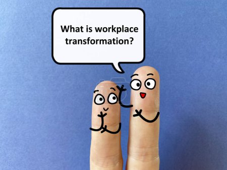Foto de Two fingers are decorated as two person. One of them is asking another what is workplace transformation. - Imagen libre de derechos