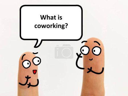 Foto de Two fingers are decorated as two person. One of them is asking another what is coworking. - Imagen libre de derechos