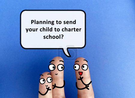 Photo for Three fingers are decorated as three person. One of them is asking another one if he is planning to send his child to charter school. - Royalty Free Image