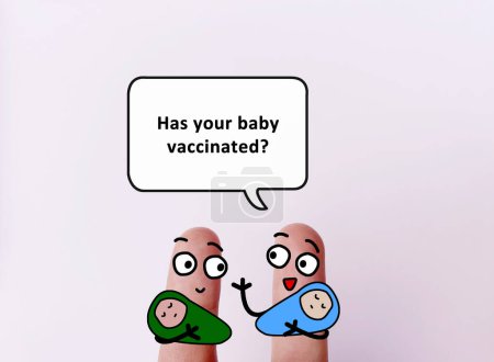 Téléchargez les photos : Deux doigts sont décorés comme deux personnes. L'un d'eux demande à un autre si son bébé est vacciné.. - en image libre de droit