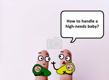 Téléchargez les photos : Deux doigts sont décorés comme deux personnes. L'un d'eux se demande comment gérer un bébé aux besoins élevés. - en image libre de droit