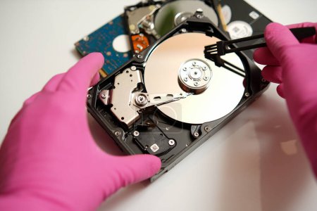 Foto de Un reparador con guantes rosados sostiene un disco duro en sus manos Realiza la limpieza y recuperación de los datos perdidos - Imagen libre de derechos
