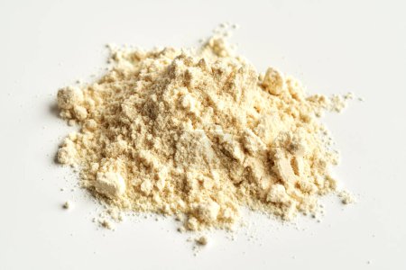 Whey protein powder on white background - nutritional supplement