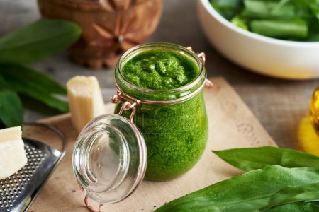 Photo for A jar of homemade green pesto made of fresh wild garlic leaves collected in spring - Royalty Free Image