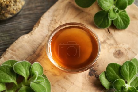 Photo for A bowl of homemade Plectranthus amboinicus syrup for common cold, with fresh leaves - Royalty Free Image