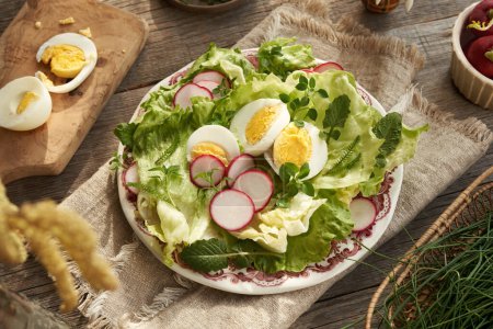 Frühlingssalat mit Eiern, Radieschen und essbaren Wildpflanzen - Vogelmiere, Brustwarze und Schafgarbe